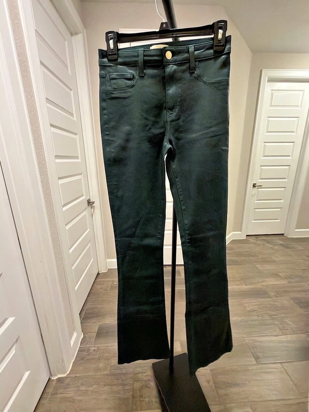 L'AGENCE Selma High Rise Coated Flare Jean Forest Green Green Waist 27